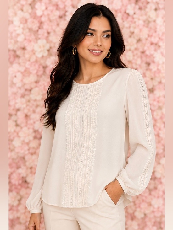 White House Black Market Tops - White House Black Market Cream Lace Trim Blouse Size 2 Elegant Long Sleeve Top